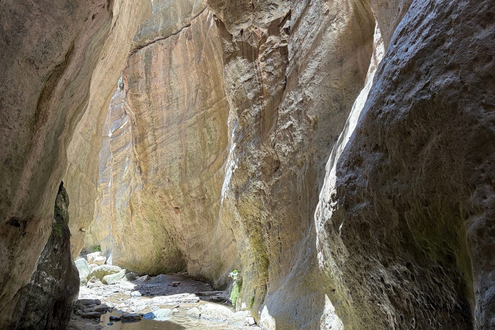 Inside Avakas Gorge: pale limestone walls rising close together on either side of a shallow, rocky stream bed